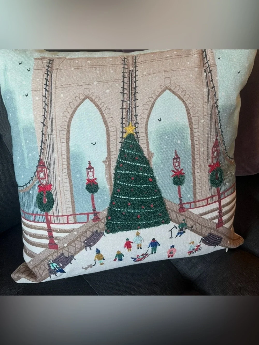 West Elm Embroidered Brooklyn Bridge Christmas Pillow Cover EUC